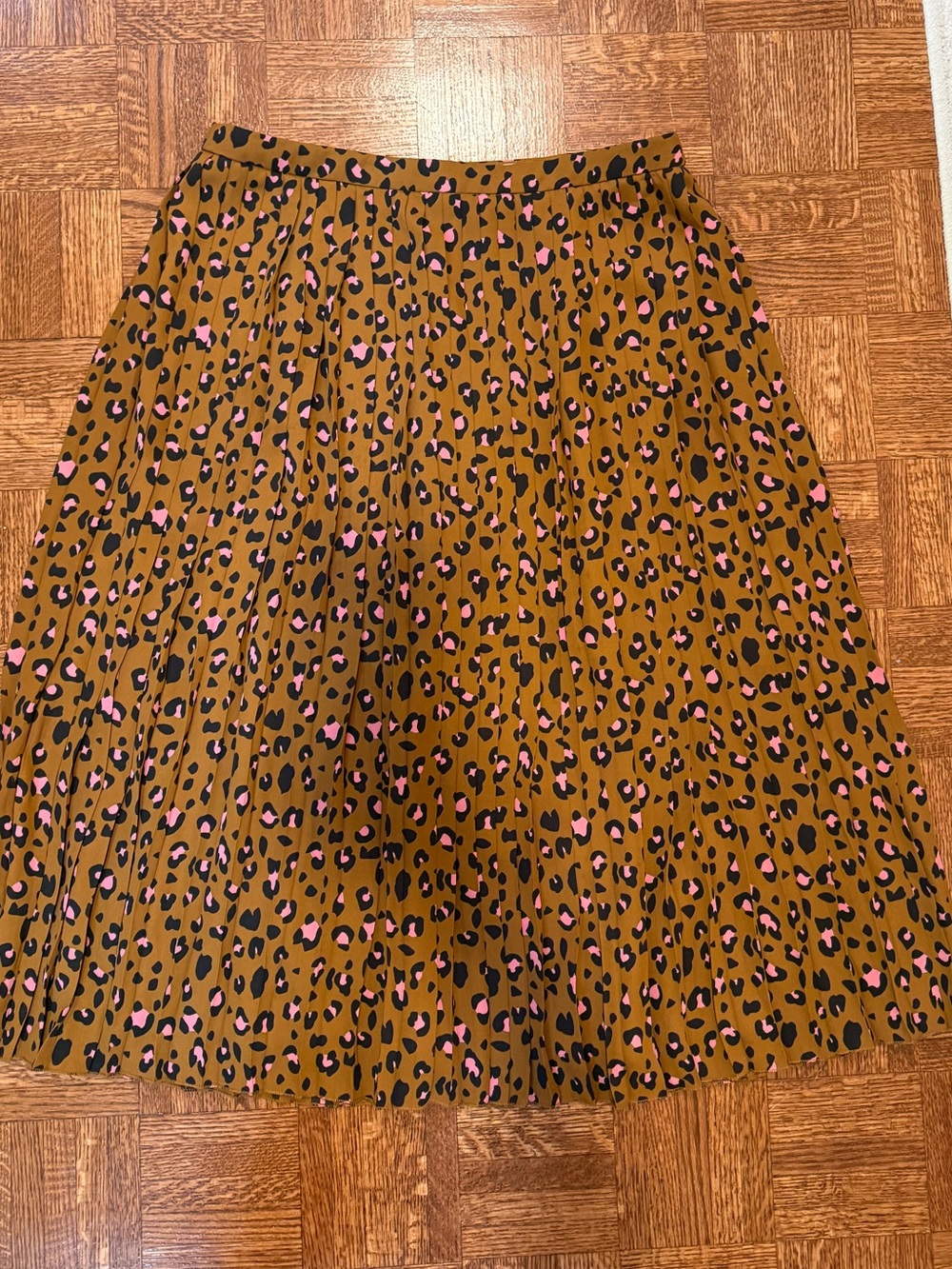 J. Crew Brown Pleated Midi Skirt with Pink and Black Leopard Print